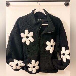 Navy  Fleece Jacket with White Floral Design